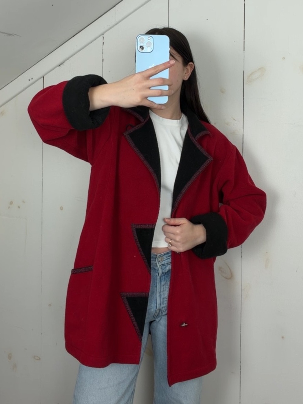 Vintage Red Fleece Button Front Jacket Womens XS Black Collar Polartec Retro 90s